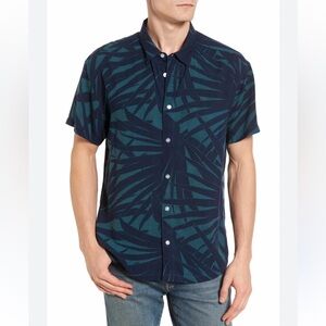 RVCA Teal Blue Tropical Print Short Sleeve Rayon Button Down Men's Size Large
